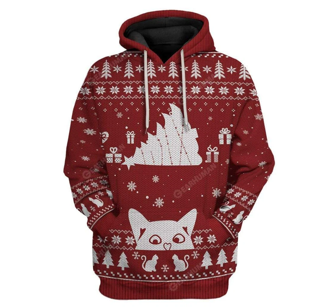 Ugly Christmas Cat Tipping Xmas Tree Over Meowy Catmas Custom T-shirts - 3D Printed Pullover Hoodie