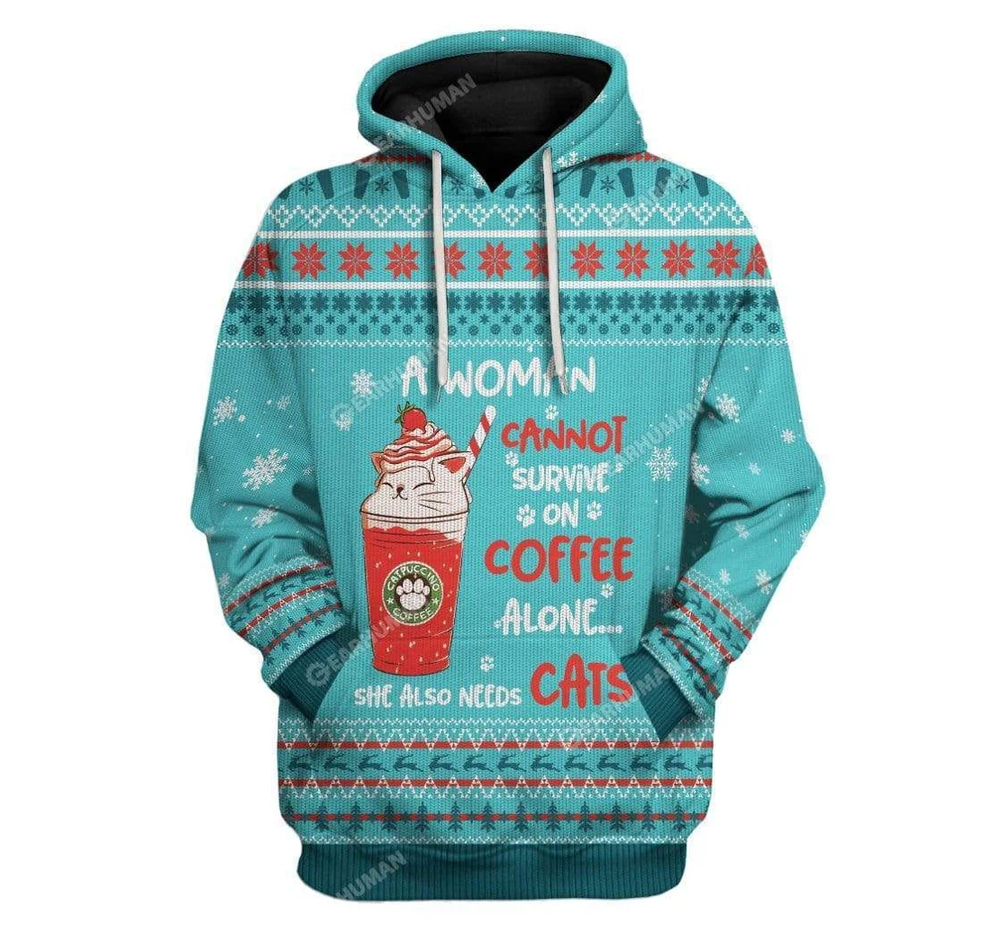 Ugly Christmas Coffee & Cat Custom T-shirts - 3D Printed Pullover Hoodie