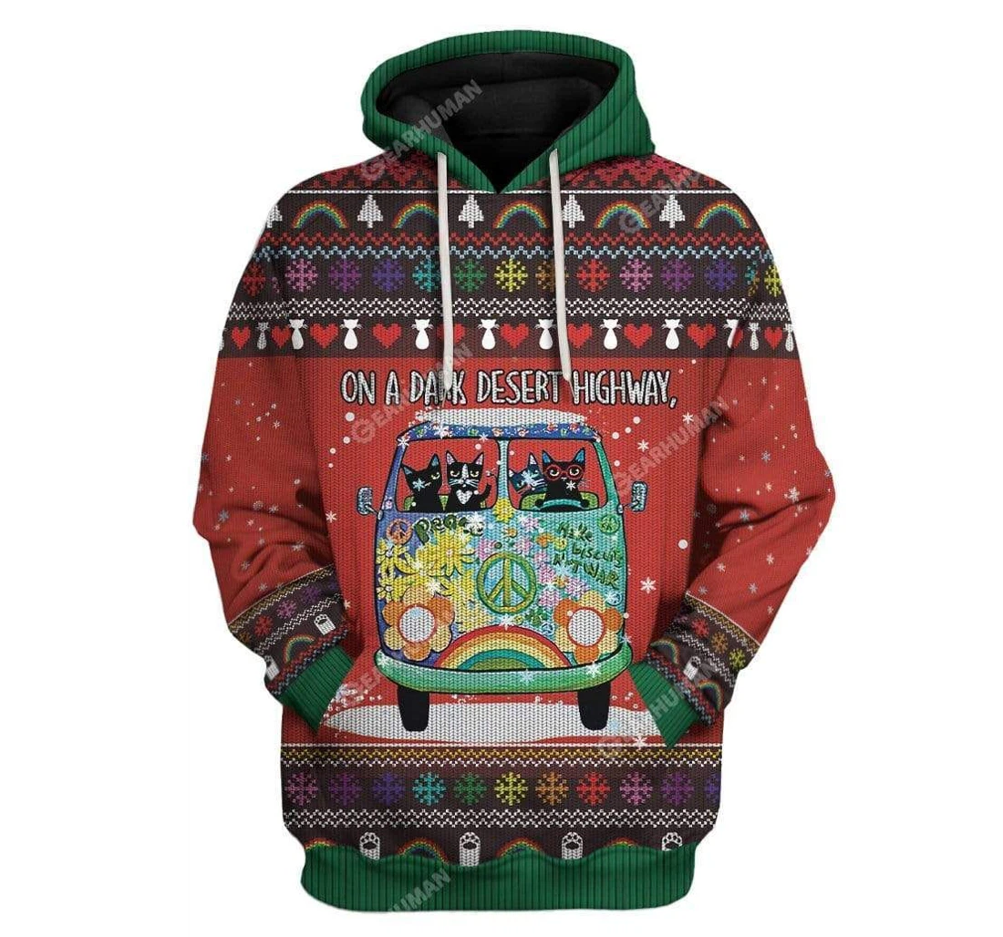 Ugly Christmas Cat On A Dark Desert Highway T-shirts - 3D Printed Pullover Hoodie