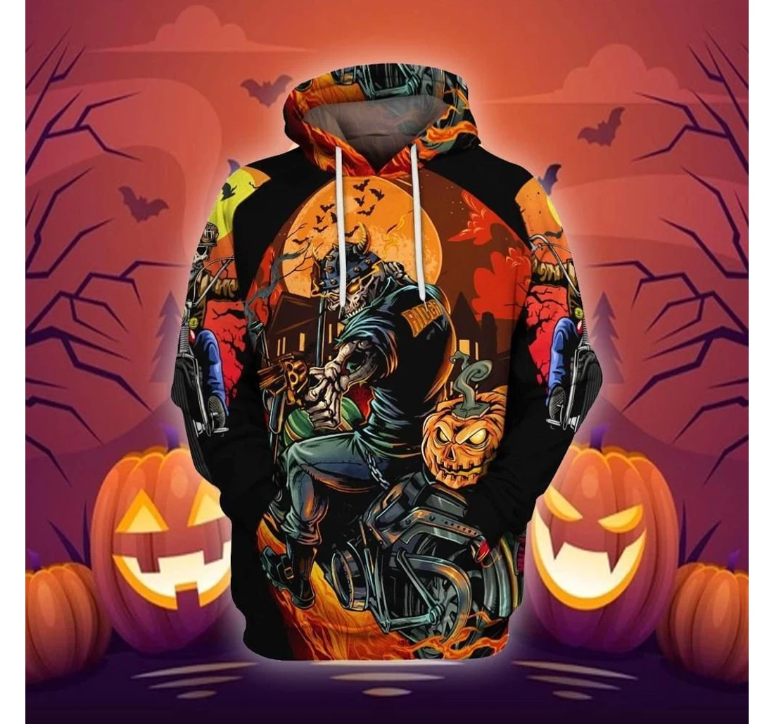 Personalized Halloween Halloween Pumpkin Skull Biker - 3D Printed Pullover Hoodie