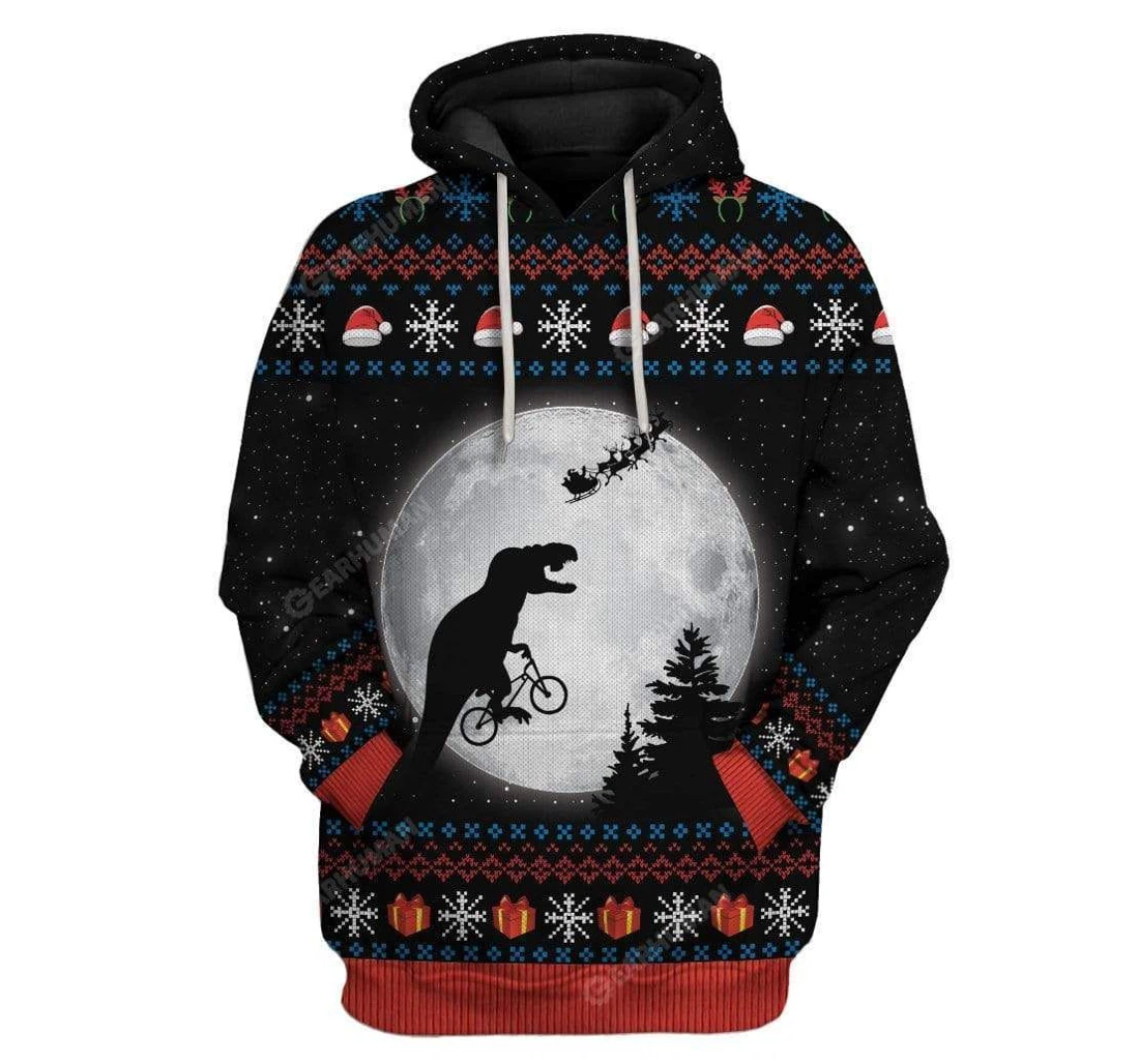 Personalized Ugly T Rex Chasing Santa To The Moon Custom T-shirts - 3D Printed Pullover Hoodie
