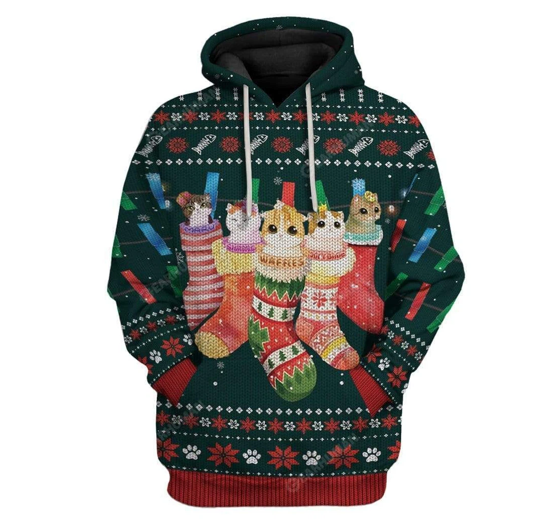 Ugly Hanging Christmas Kitten Stuffing Socks Custom T-shirts - 3D Printed Pullover Hoodie