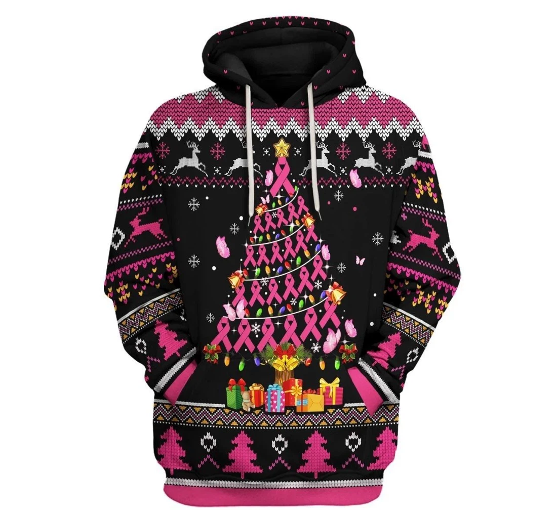 Personalized Breast Cancer Breast Cancer Ribbon Christmas Tree Christmas Pattern Pink - 3D Printed Pullover Hoodie