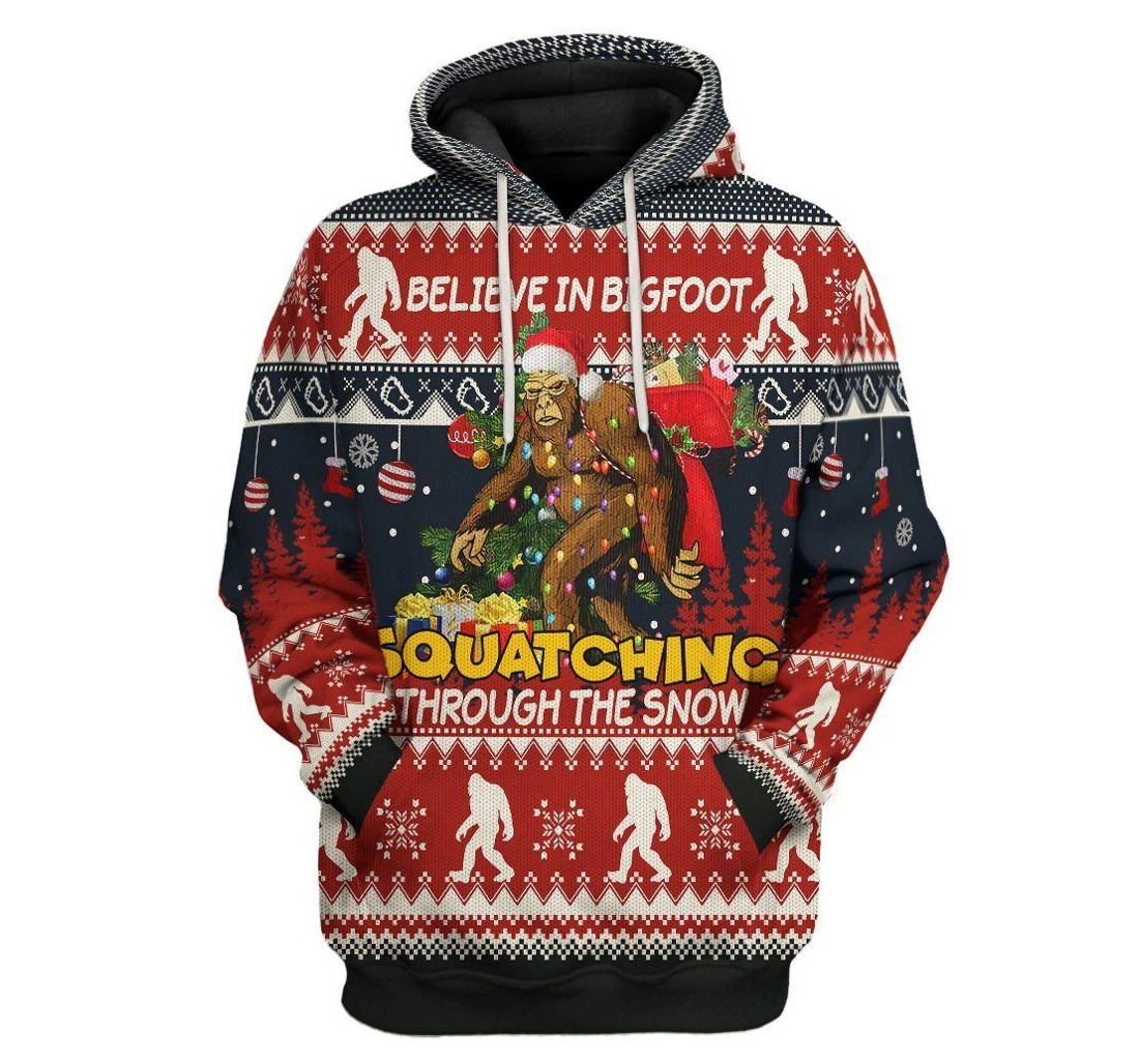Bigfoot Christmas Believe In Bigfoot Squatching Through The Snow - 3D Printed Pullover Hoodie