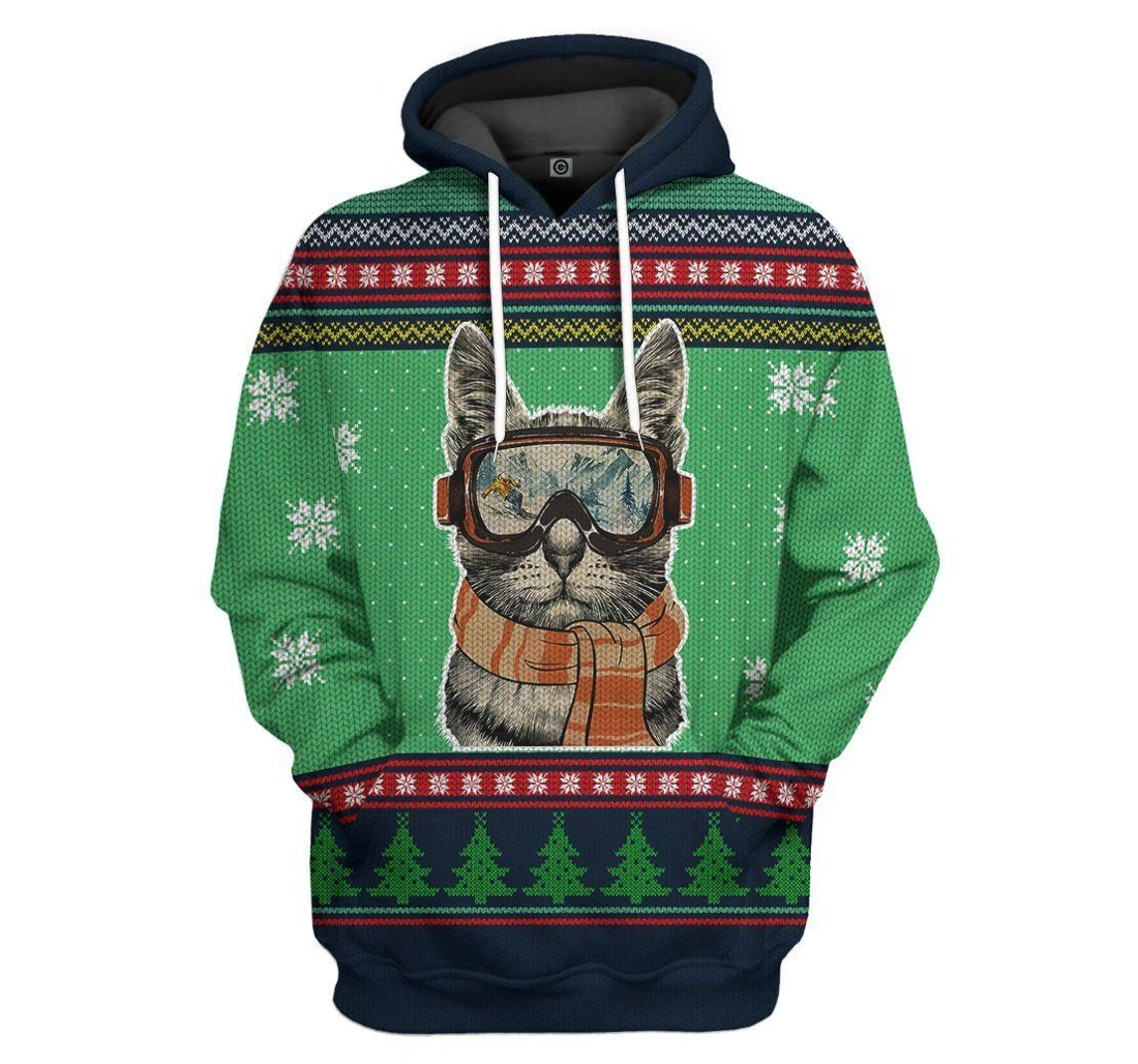 Custom Skiing Cat Ugly Christmas - 3D Printed Pullover Hoodie