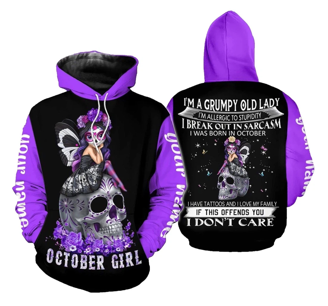 Personalized I Don't Care October Girl Skull Birthday - 3D Printed Pullover Hoodie