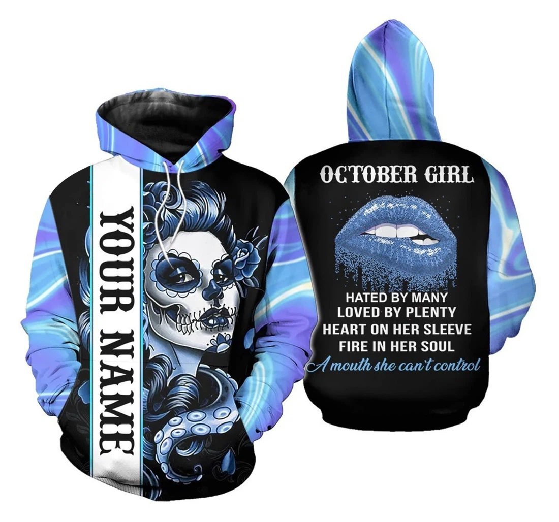 Personalized Blue Skull Girl Custom Name Birthday - 3D Printed Pullover Hoodie