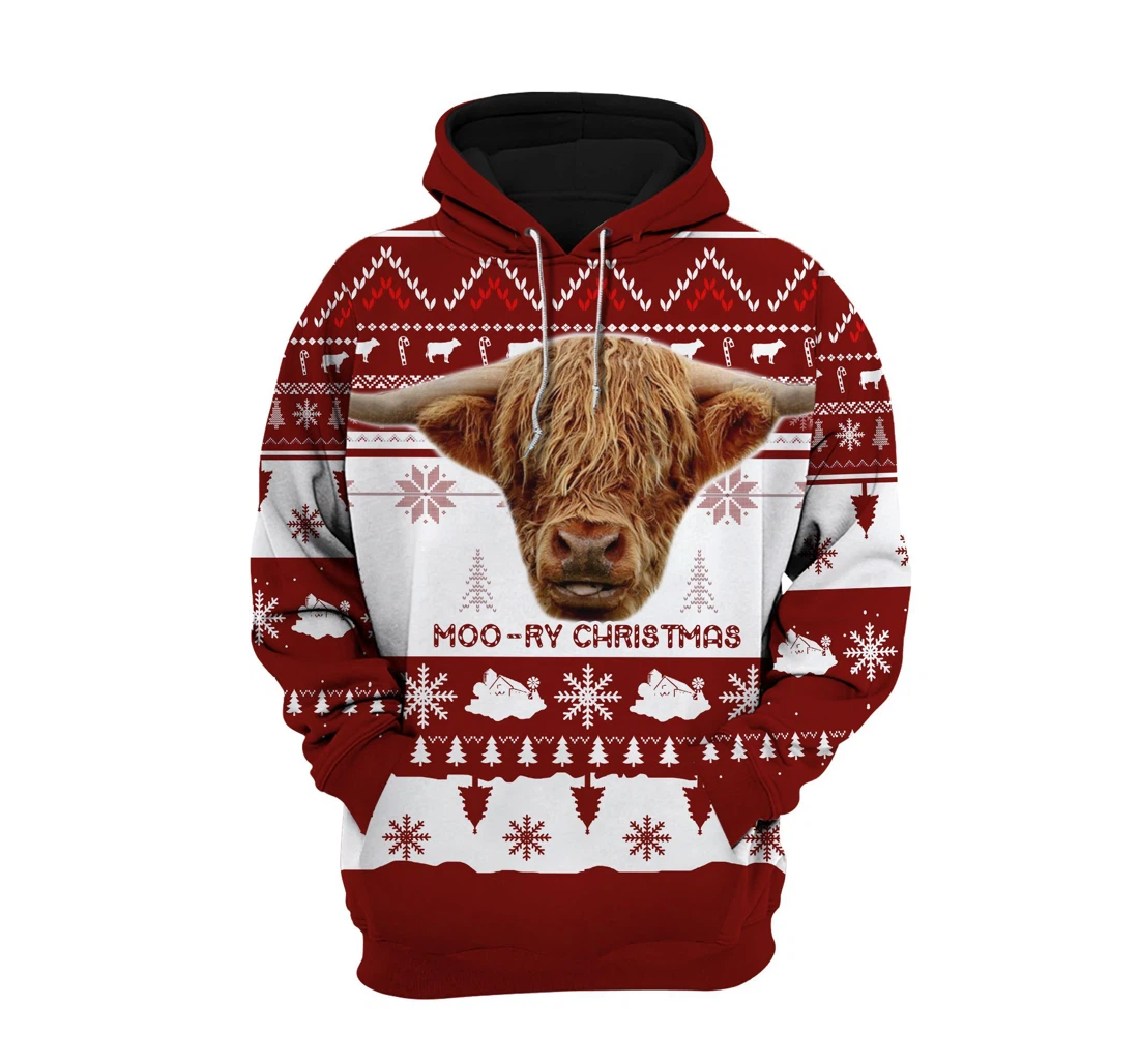 Highland Cattle Moo-ry Christmas - 3D Printed Pullover Hoodie