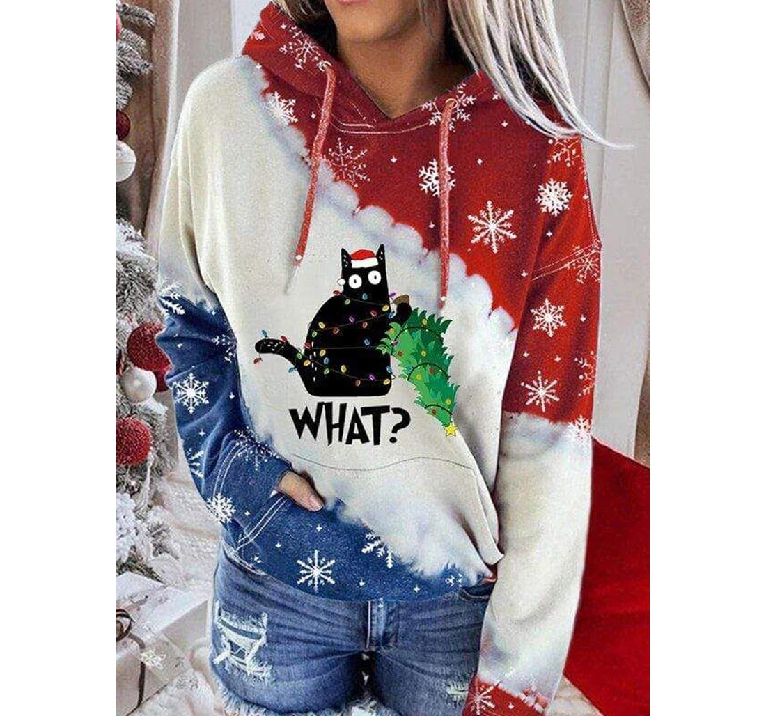 Women's Funny Cat Holding With Christmas Tree Pocket Tie-dye - 3D Printed Pullover Hoodie