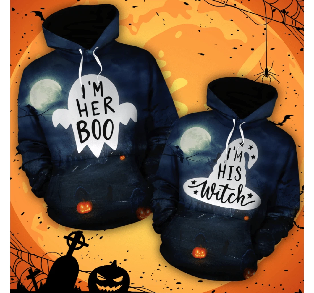 Halloween His Witch Her Boo Couple - 3D Printed Pullover Hoodie