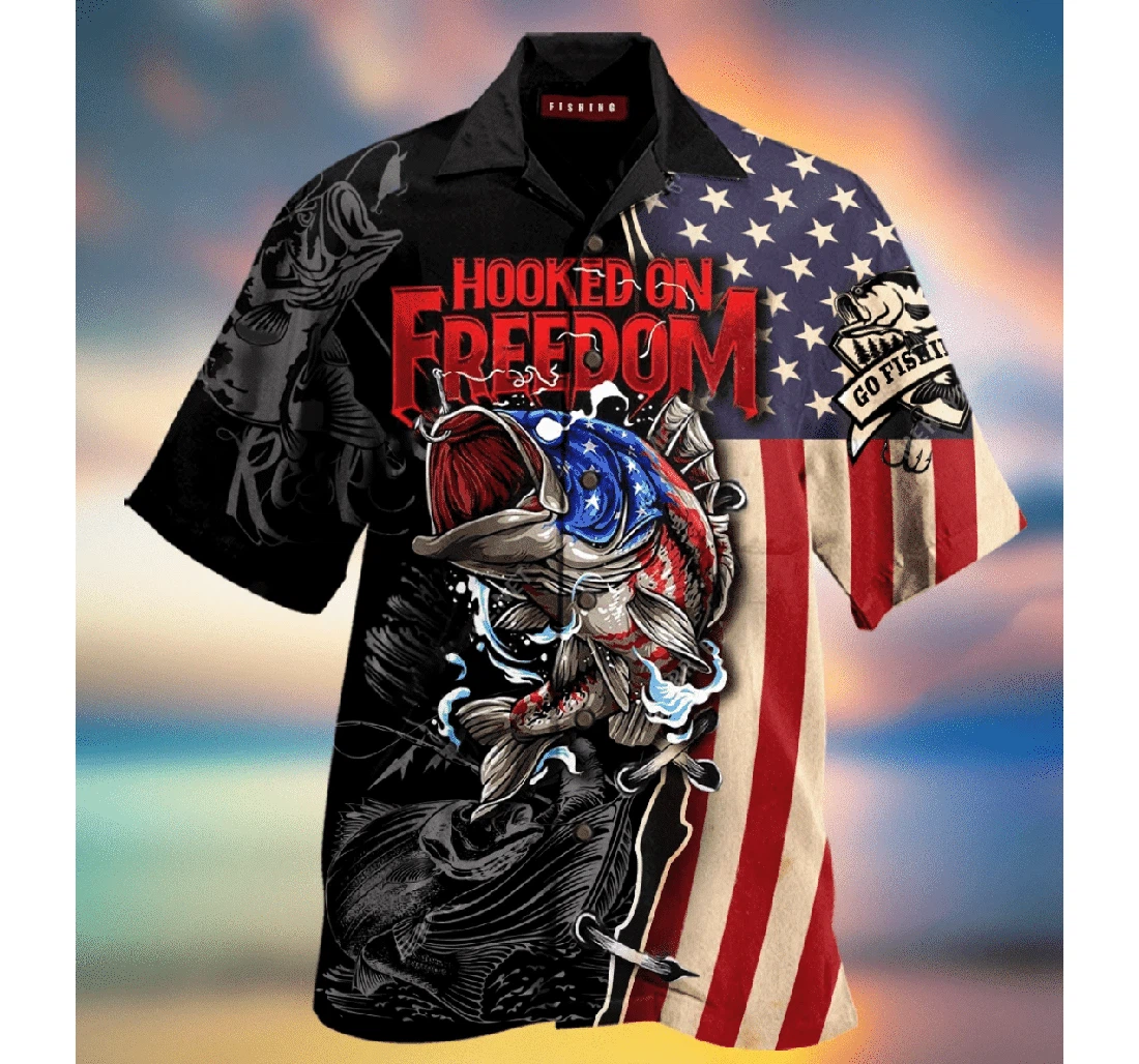 Personalized Fishing T-shirt Hooked On Freedom Bass Fishing Sdult Hawaiian Shirt, Button Up Aloha Shirt For Men, Women