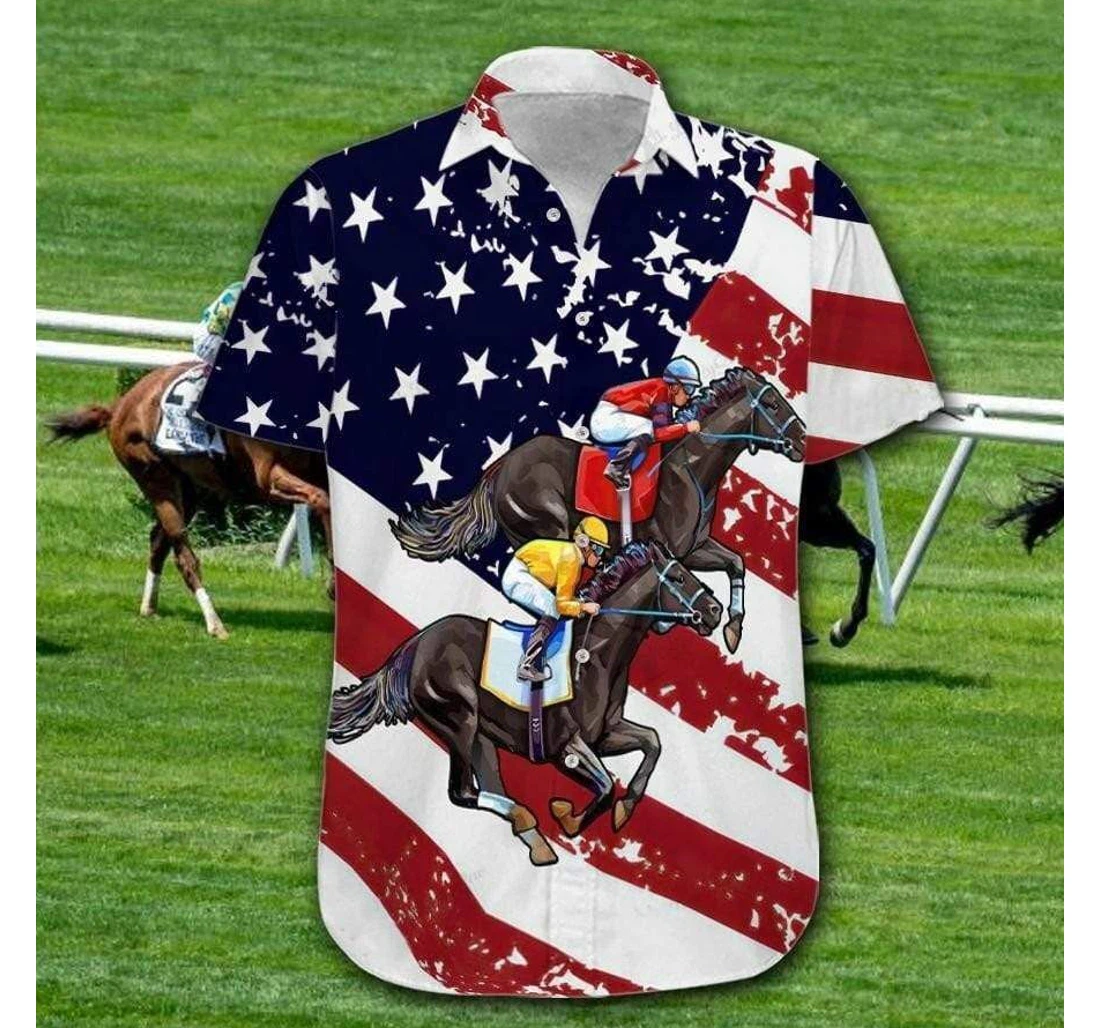 Personalized Horse Racing Horse American Flag Hawaiian Shirt, Button Up Aloha Shirt For Men, Women