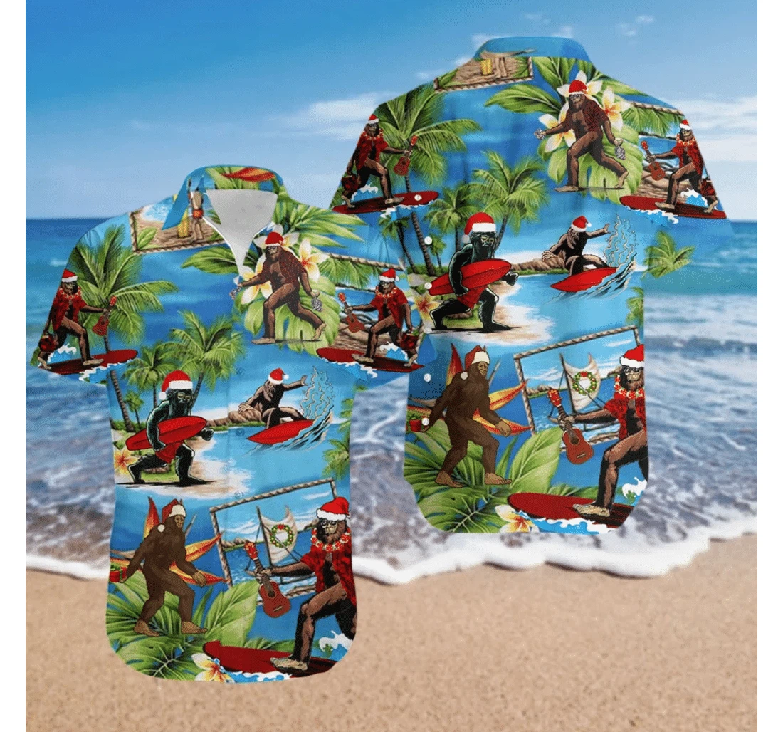 Personalized Bigfoot Christmas Bigfoot Christmas Hat Hawaiian Shirt, Button Up Aloha Shirt For Men, Women