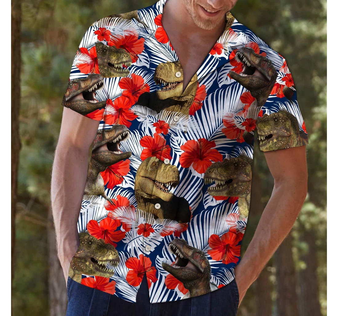 Personalized Felobo T-rex Hibiscus Flower T Hawaiian Shirt, Button Up Aloha Shirt For Men, Women