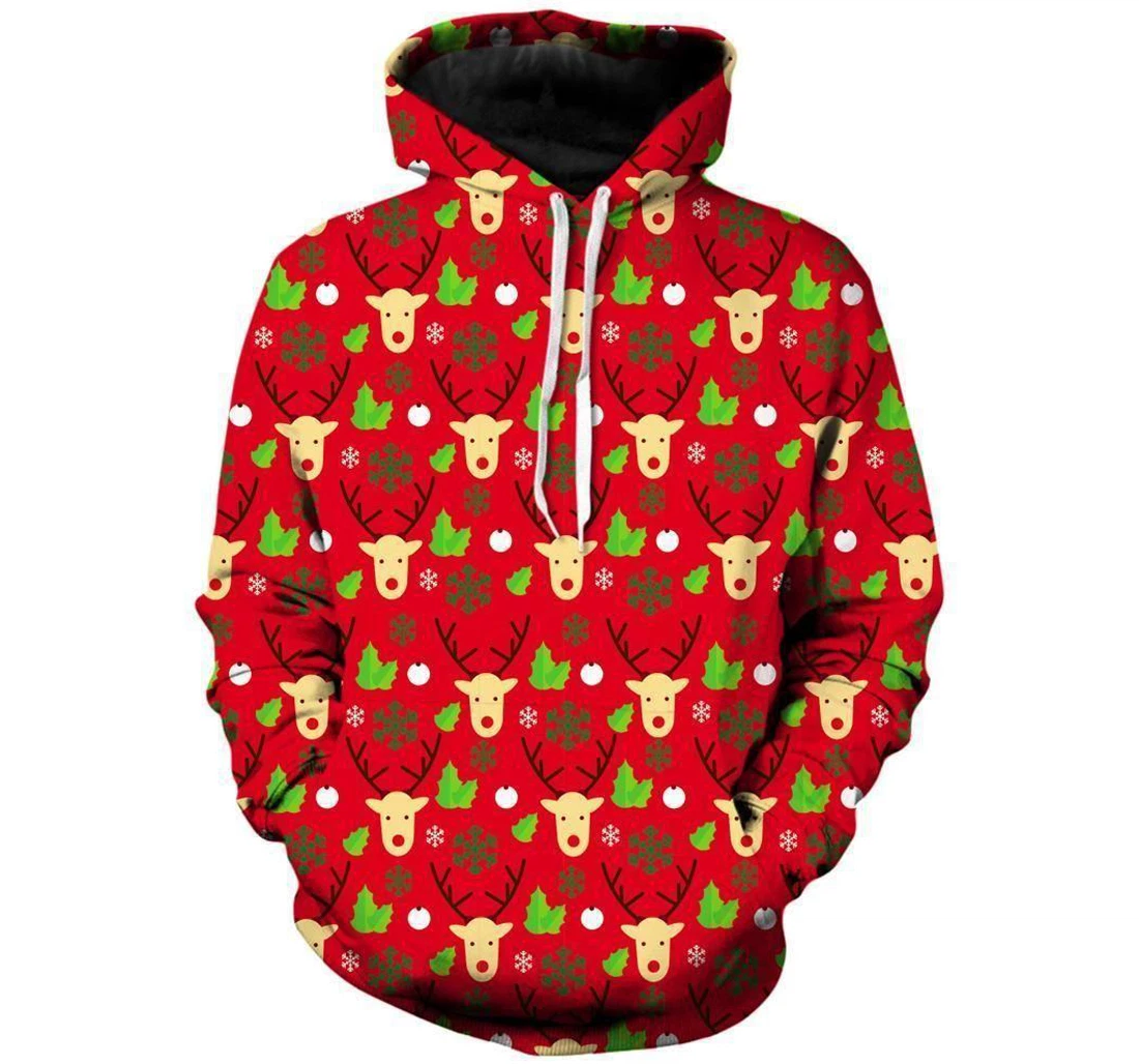 Reindeer Turn Up Red Christmas - 3D Printed Pullover Hoodie