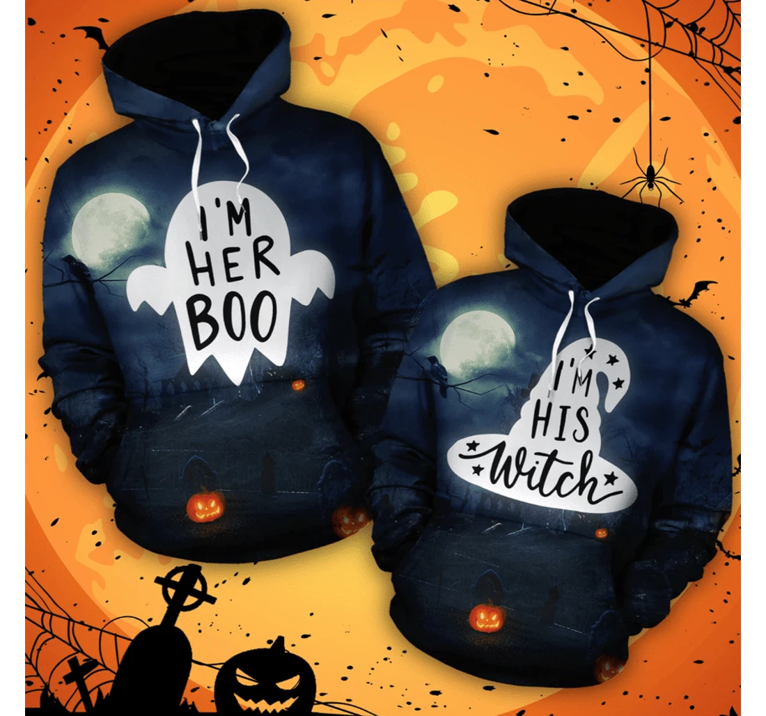 Halloween His Witch Her Boo Healthy Fabric Polyester - 3D Printed Pullover Hoodie