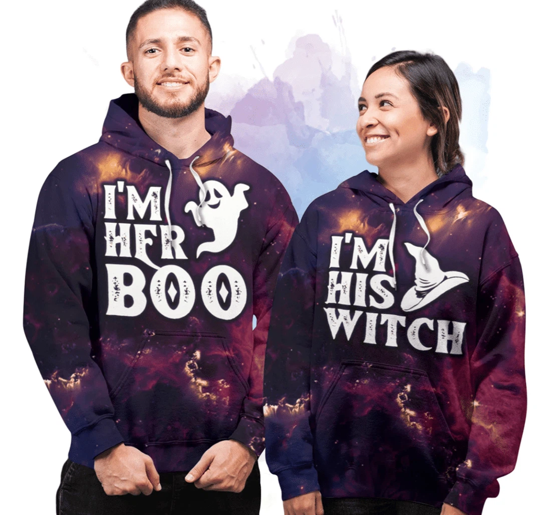 Halloween Galaxy His Witch Her Boo Healthy Fabric Polyester - 3D Printed Pullover Hoodie