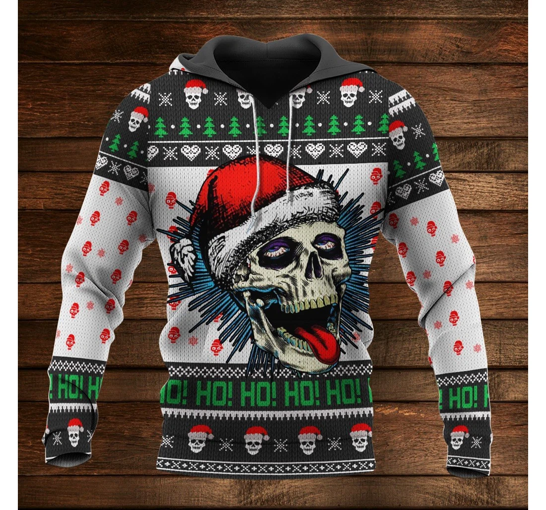 Christmas Skull Ho Ho Ho Ugly - 3D Printed Pullover Hoodie