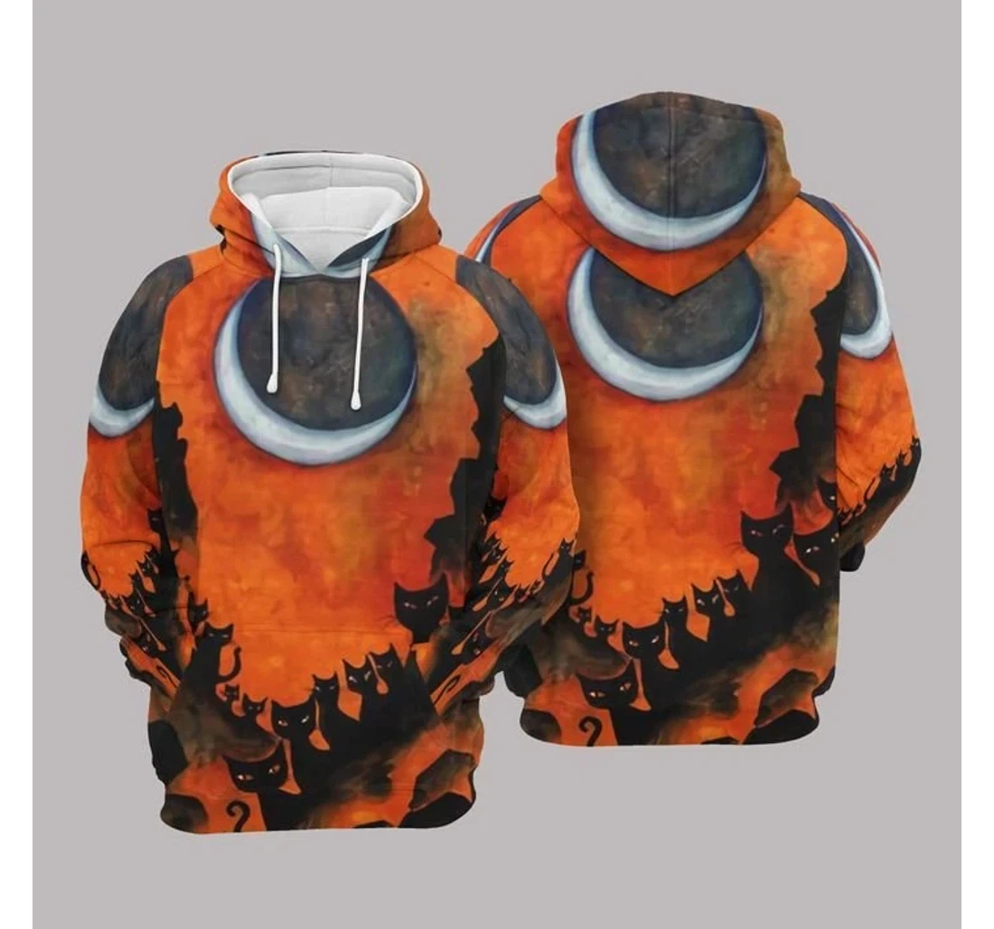 Cat Half Moon Halloween Orange Healthy Fabric Polyester - 3D Printed Pullover Hoodie