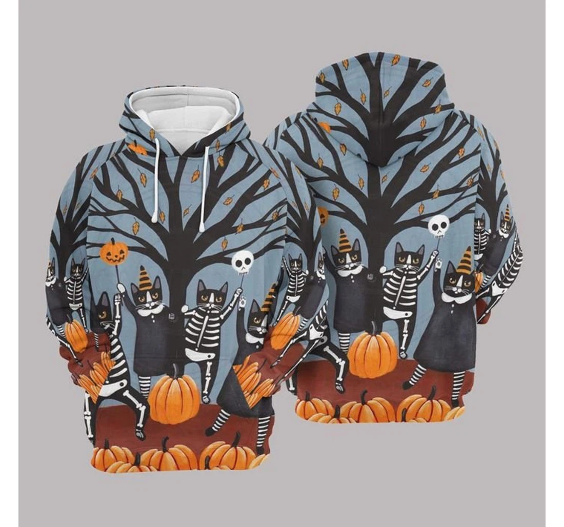 Cat Pary Pumpkin Halloween Blue Orange Healthy Fabric Polyester - 3D Printed Pullover Hoodie