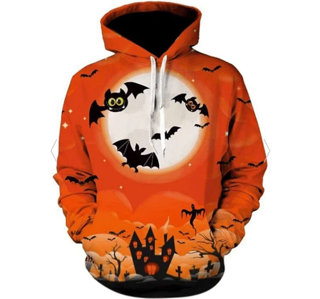 Bat Moon Castle Halloween Orange Healthy Fabric Polyester - 3D Printed Pullover Hoodie