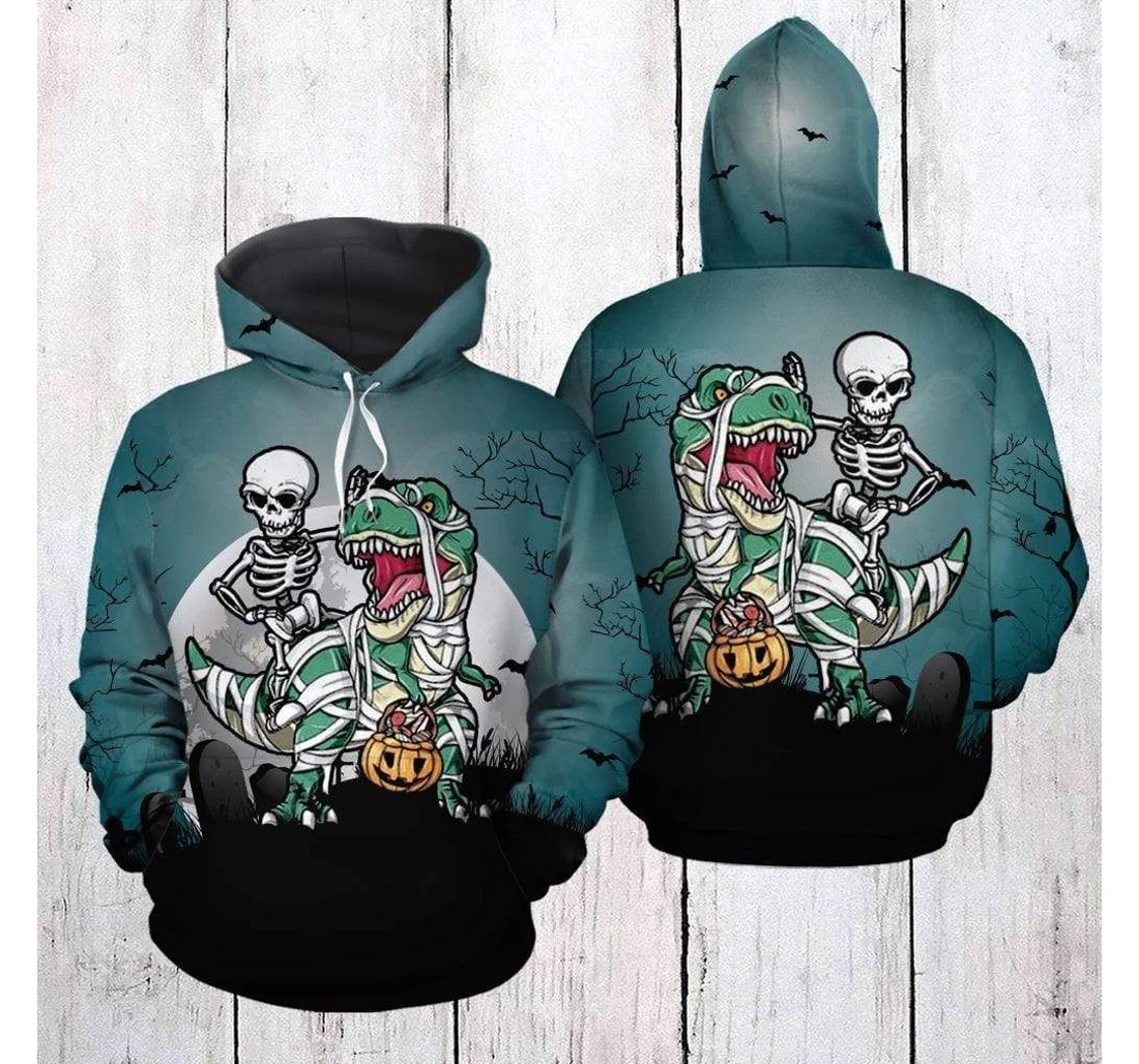 Halloween Mummy Skeleton Riding T-rex Dinosaur - 3D Printed Pullover Hoodie