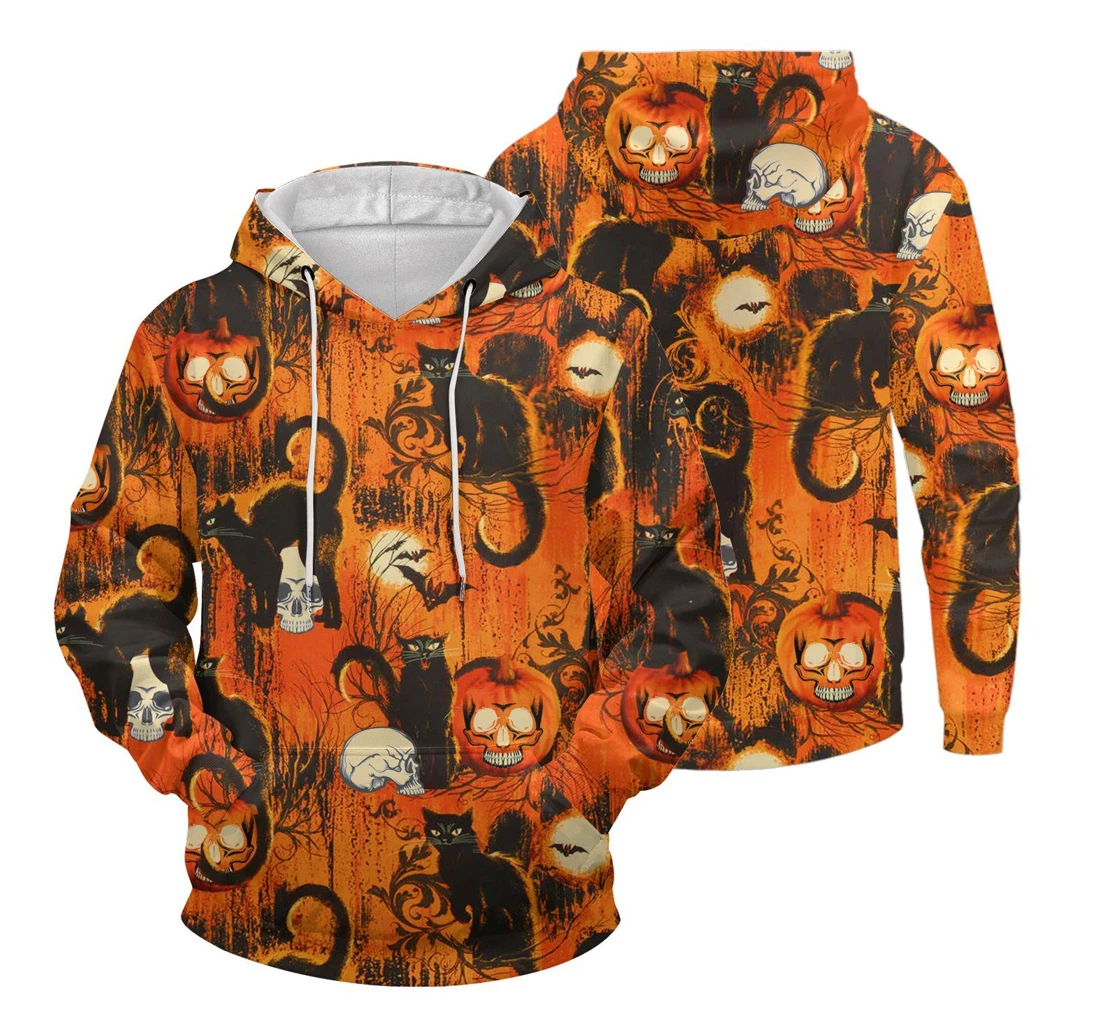 Cats Skulls Pumpkins Halloween Sk-3dh- Ps - 3D Printed Pullover Hoodie