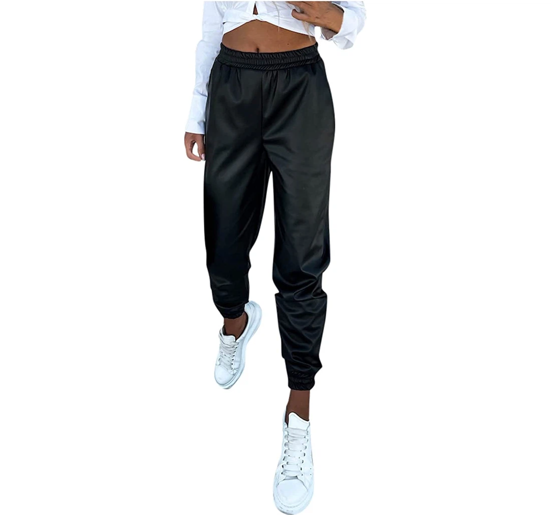 Harem Casual Street Bright Leather Patent Leather Sweatpants, Joggers Pants With Drawstring For Men, Women