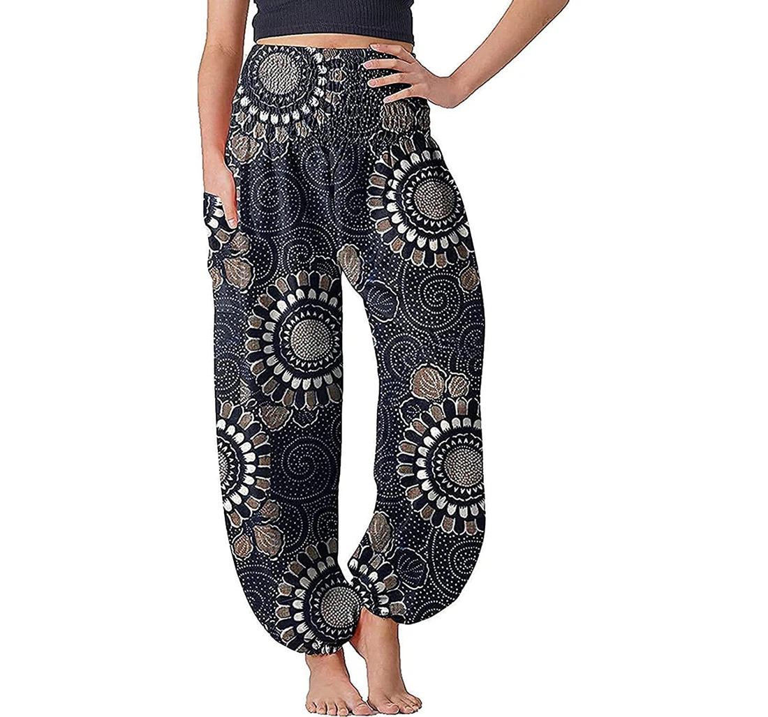 Kcdigr Bohemian Harem For High Waisted Smocked Yoga Oversized Bloomer Loose Fit Hippie Sweatpants, Joggers Pants With Drawstring For Men, Women