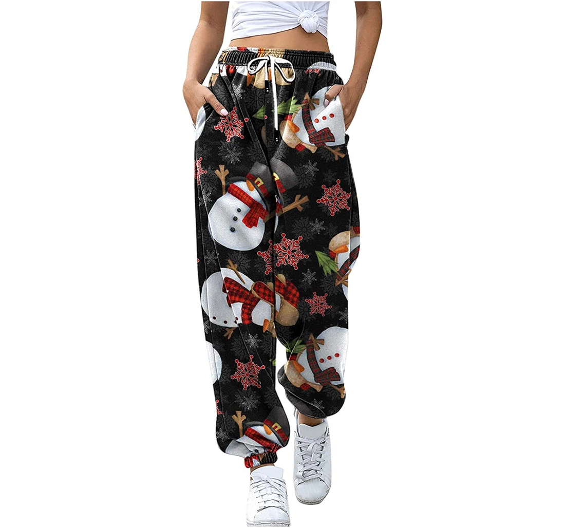 Ladies Casual Christmas Bouquet Waist Pocket High Waist Slim Casual Sweatpants, Joggers Pants With Drawstring For Men, Women