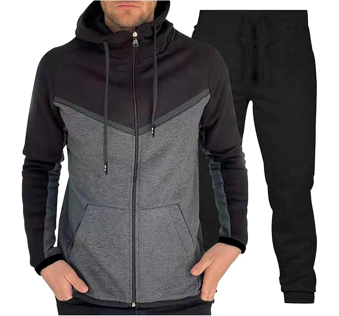 Fall Hooded Sweatshirt 2 Piece Outfit Fashion Long Sleeve Comfy Zipper Jacket & Athletic Set Sweatpants, Joggers Pants With Drawstring For Men, Women