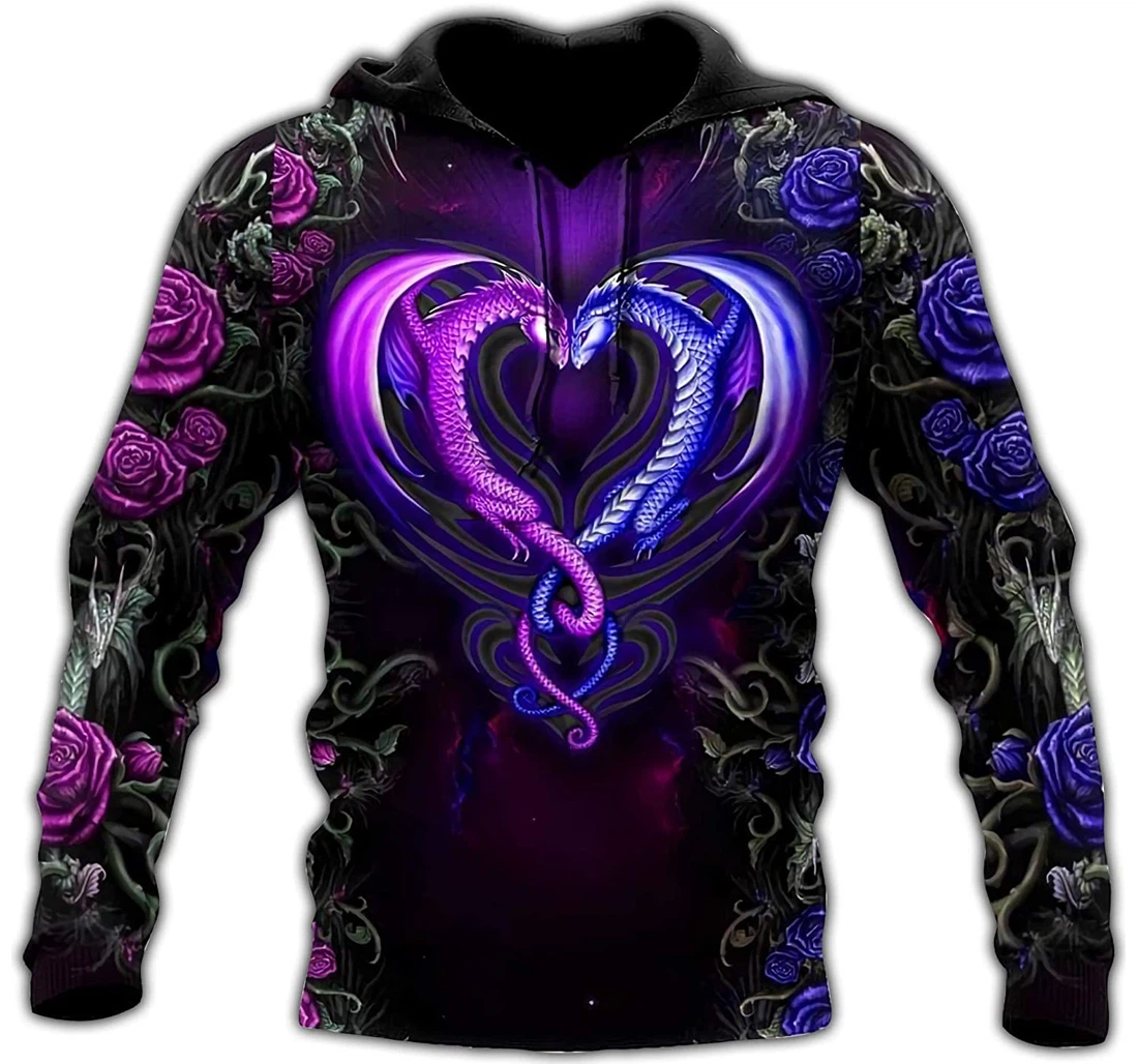 Valentine Gift Roses Dragon Couples 3d Sportwear Up Hd - 3D Printed Pullover Hoodie