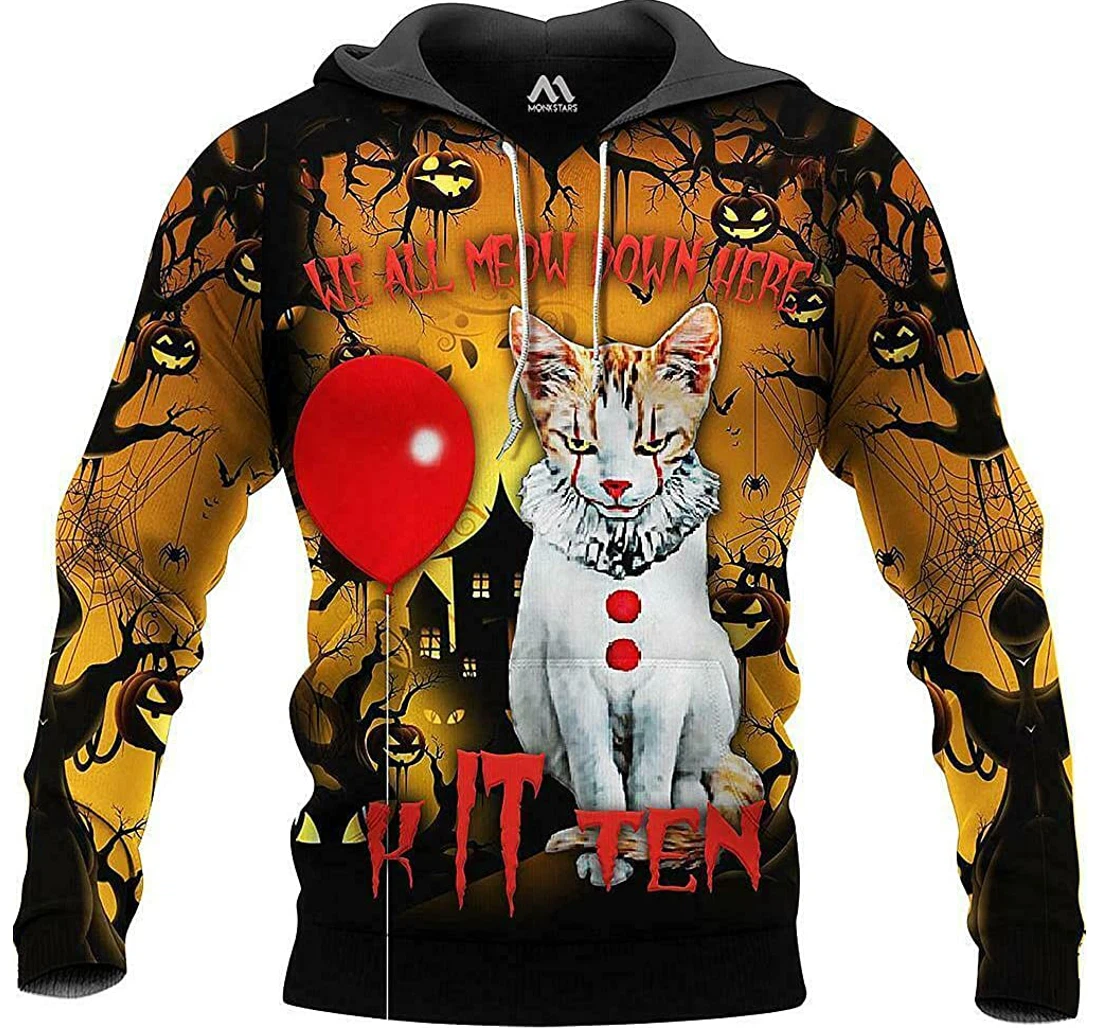 Halloween We All Meow Down Here Funny Kitten Cat Cosplay Clown 3d Up - 3D Printed Pullover Hoodie