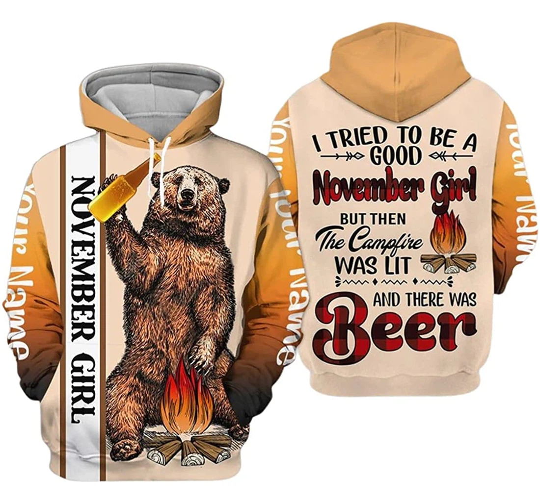 Personalized Name November Girl Bear Camping The Campfire Sportwear Up Hd - 3D Printed Pullover Hoodie