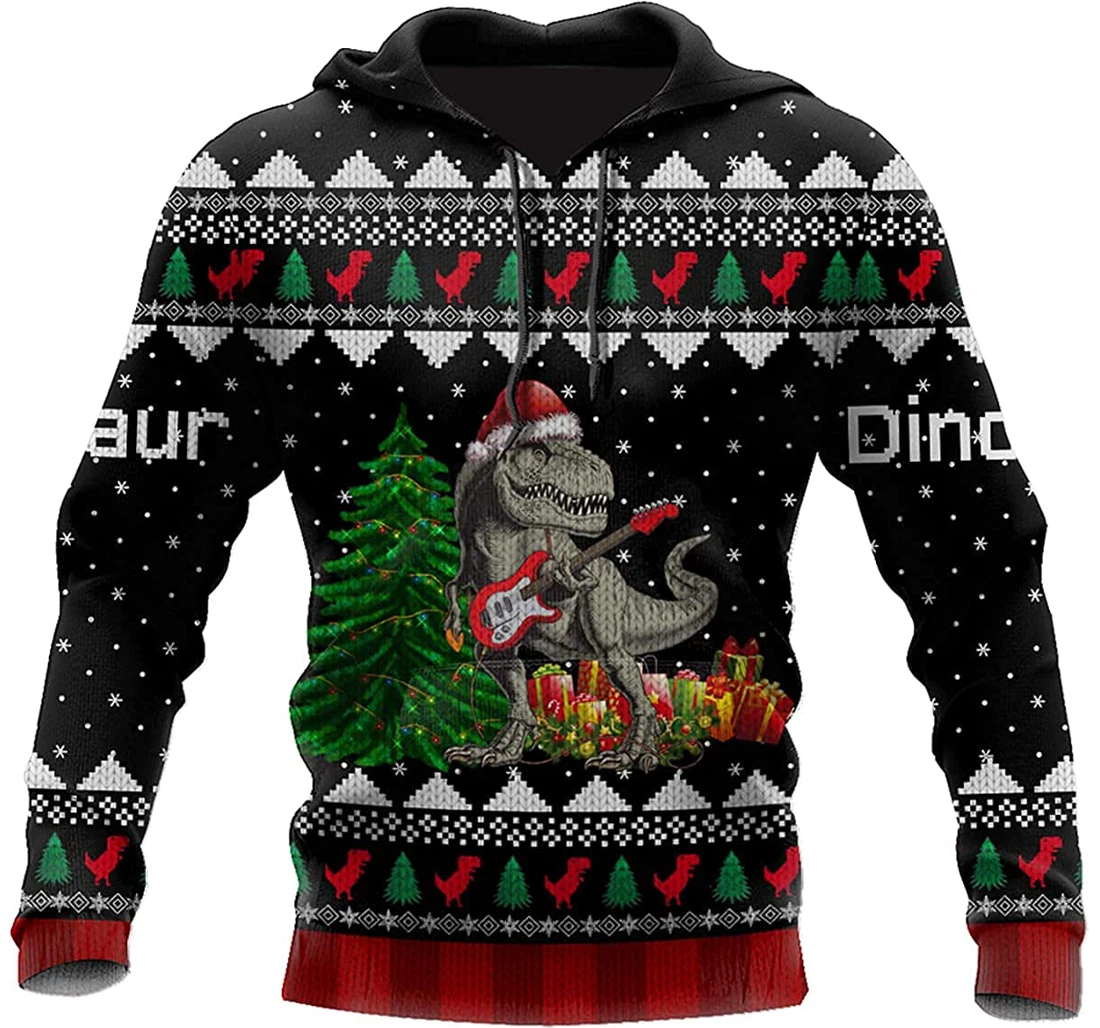 Dinosaur Christmas Guitar Sportwear Up - 3D Printed Pullover Hoodie