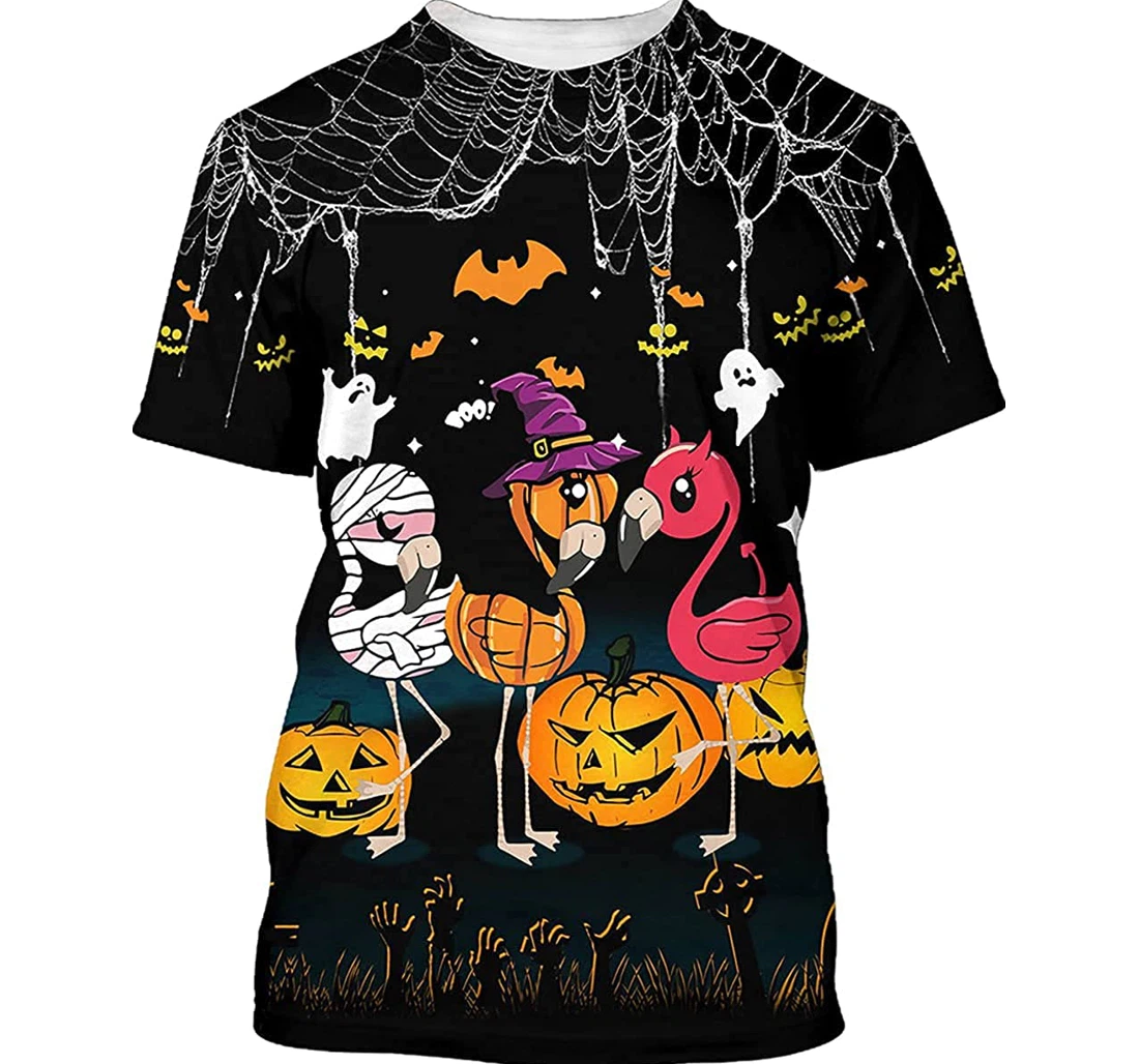 Halloween Three Flamingoes Pumpkin Cemetery Spider Web Pattern Sportwear Up - 3D Printed T-shirt