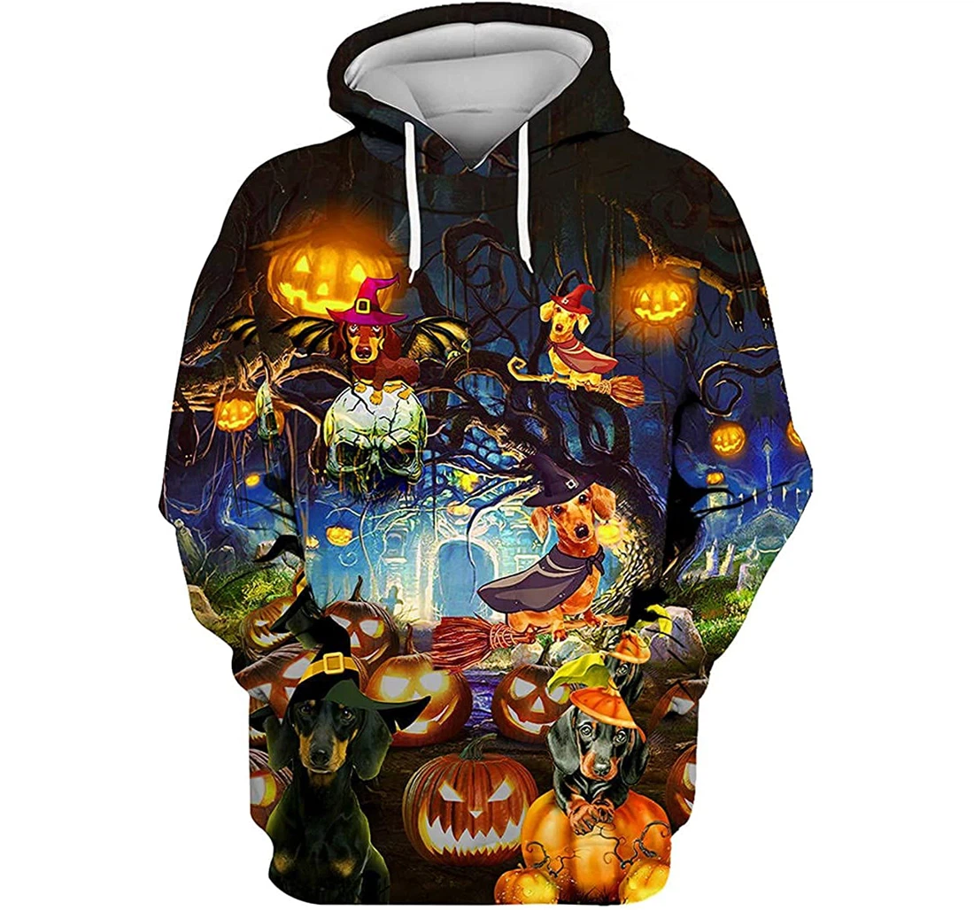 Halloween Dachshund Cemetery Pumpkins Art Sportwear Up - 3D Printed Pullover Hoodie