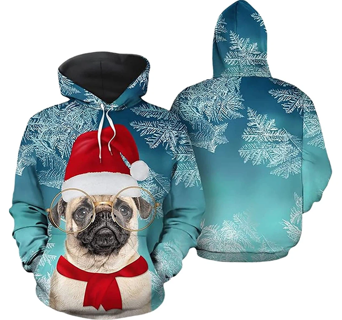 Christmas Pug Wearing Glasses Sportwear Up - 3D Printed Pullover Hoodie