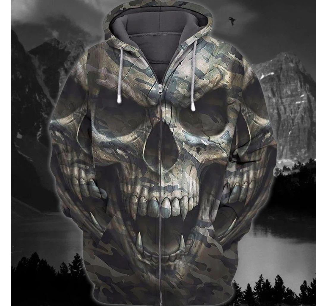 Zip Hoodie - Evil Skull Army Pattern Halloween - 3D Printed