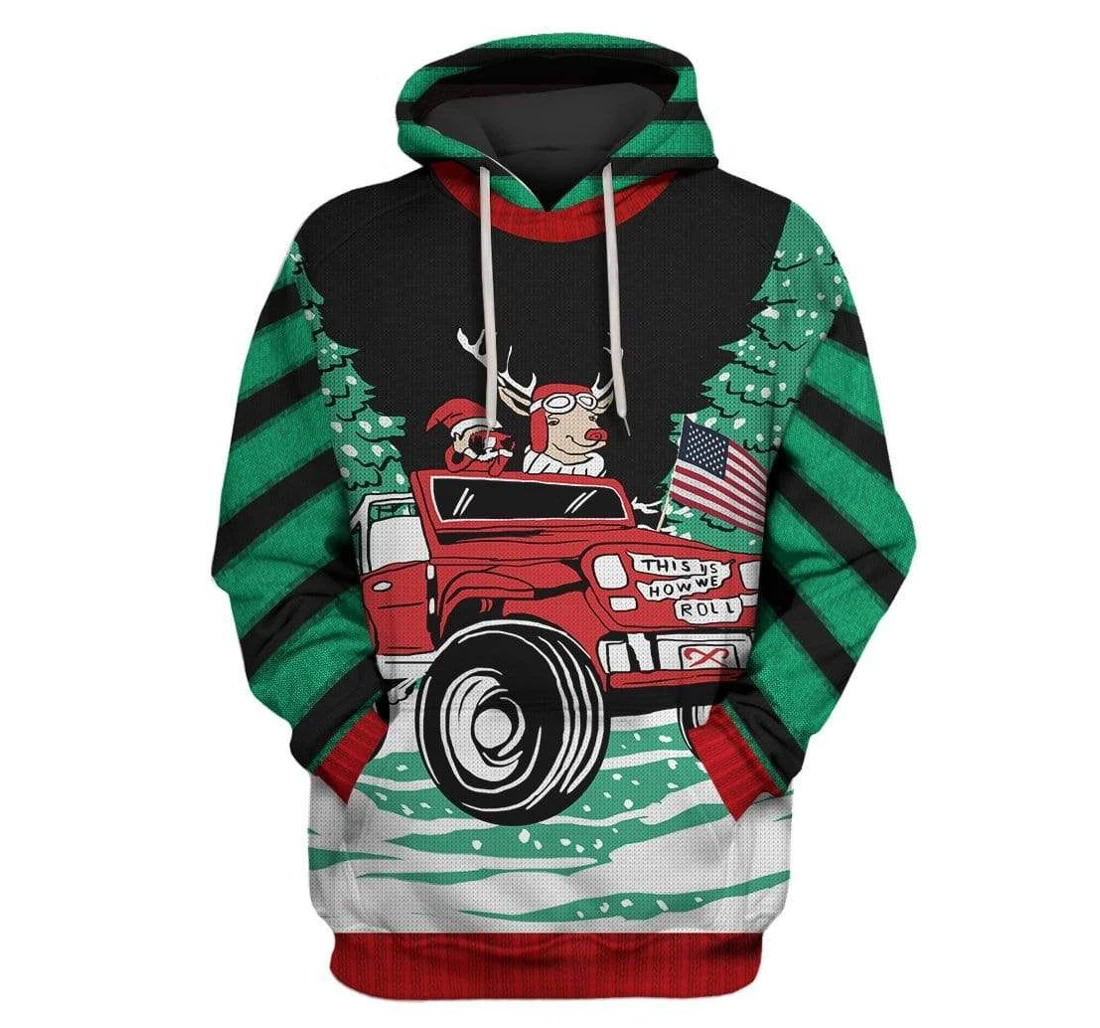 Custom Ugly Christmas How We Roll Reindeer In Jeep - 3D Printed Pullover Hoodie