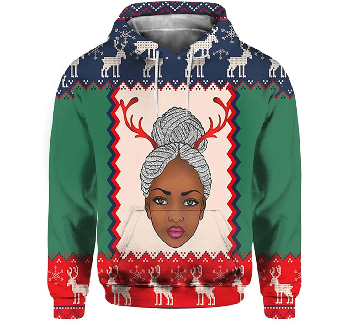 Woman Wearing Reindeer Horns Christmas Style - 3D Printed Pullover Hoodie