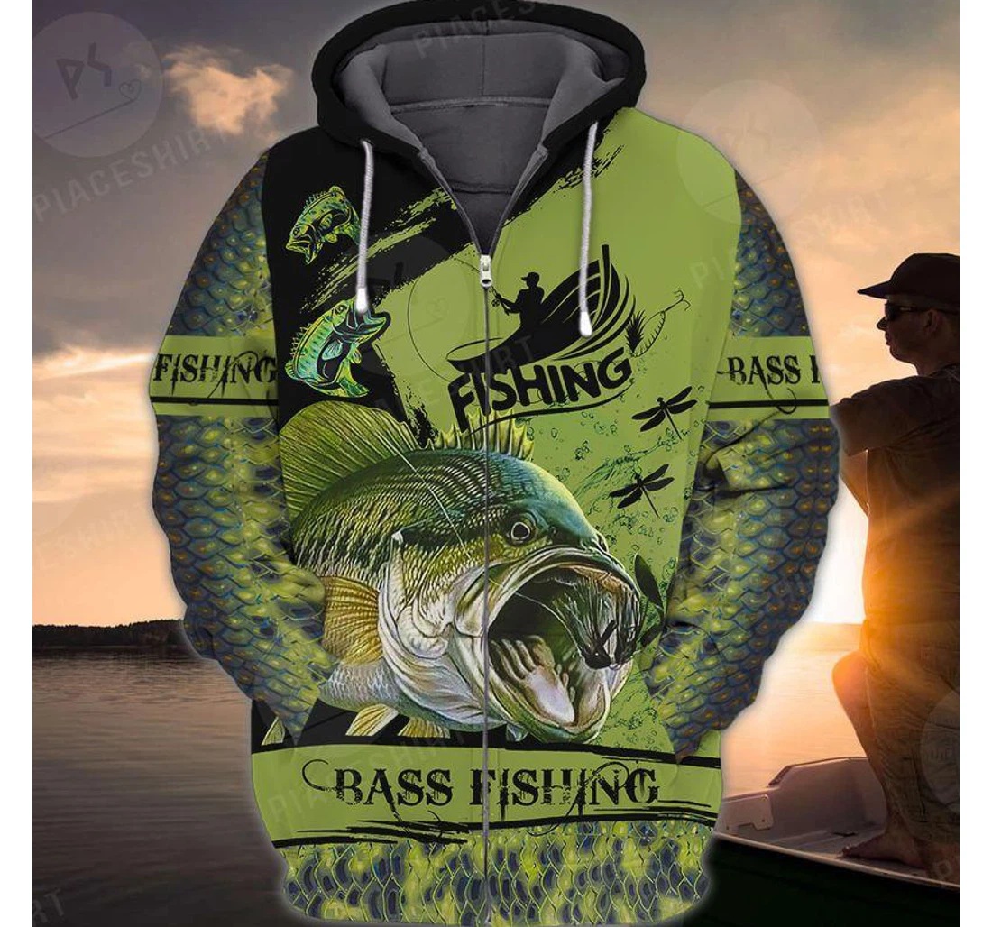 Personalized Zip Hoodie - Bass Fishing Green - 3D Printed