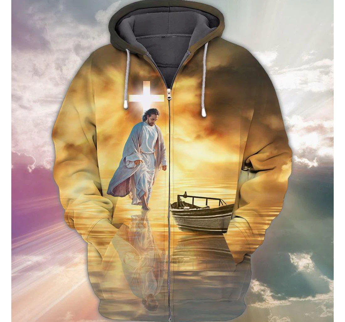 Personalized Zip Hoodie - Jesus Walks On Water - 3D Printed