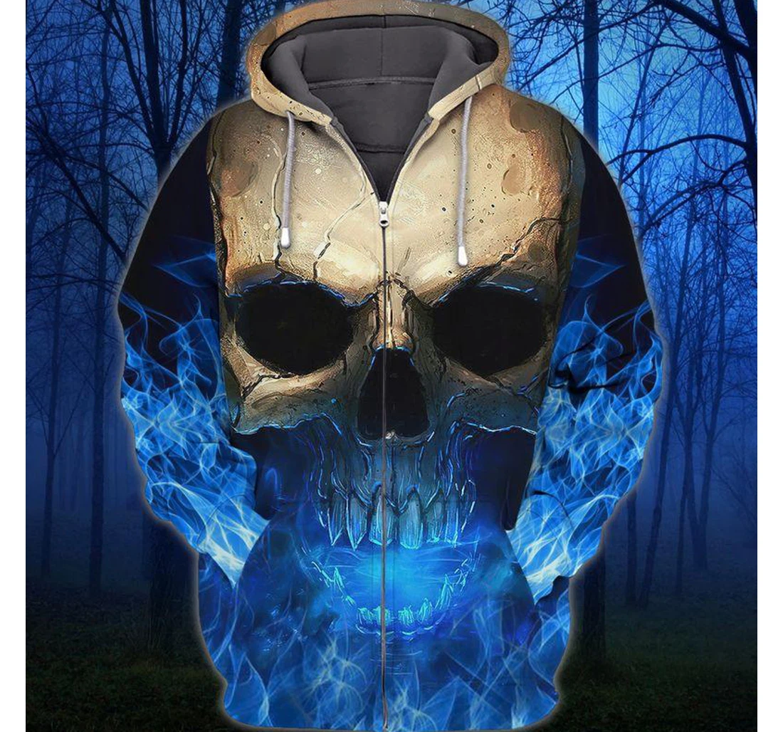 Zip Hoodie - Blue Fire Skull Halloween - 3D Printed