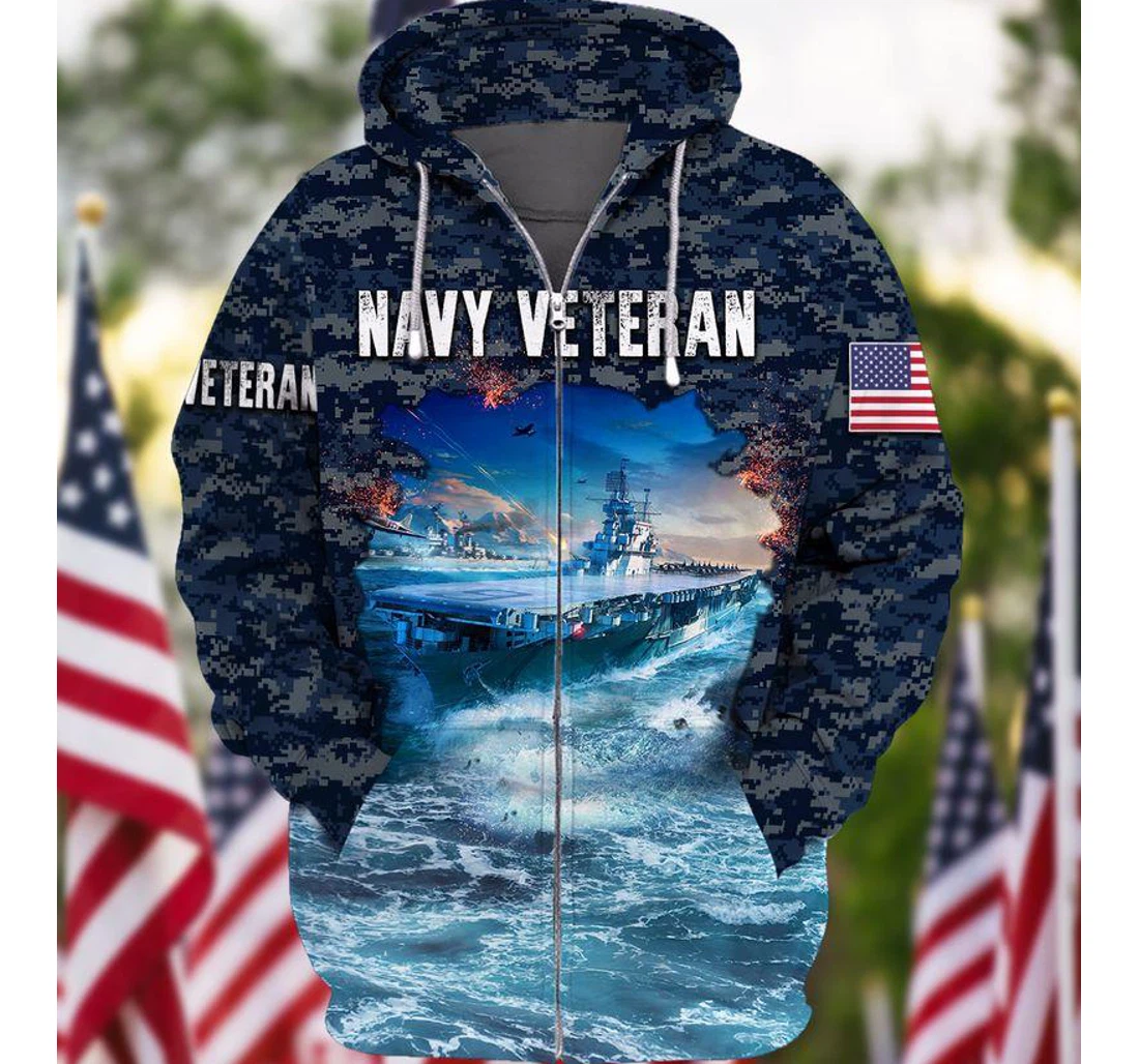 Personalized Zip Hoodie - Blue Navy Veteran - 3D Printed