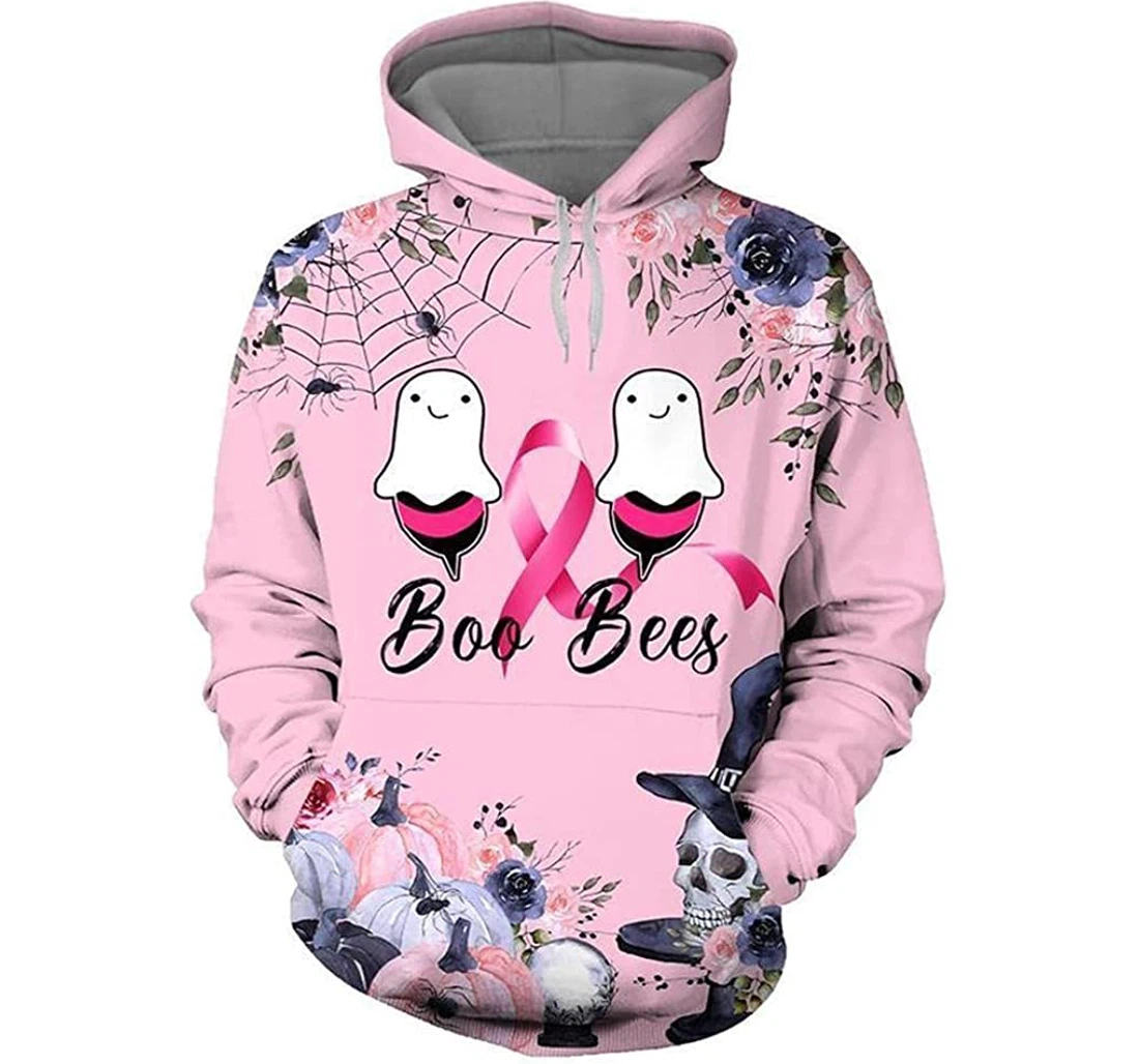 Breast Cancer Awareness Boo Bees Happy Halloween Skull Witch Pefect - 3D Printed Pullover Hoodie