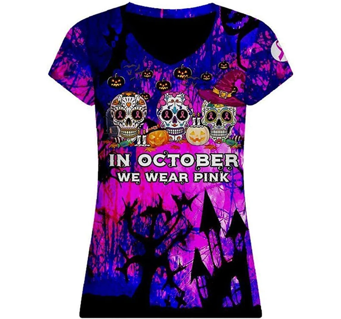 Breast Cancer Awareness Halloween Sugar Skull Mexico Day Of The Dead V Neck - 3D Printed T-shirt