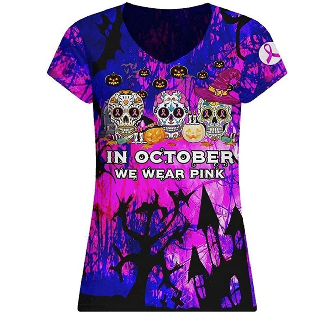 Halloween Sugar Skull In October We Wear Pink Breast Cancer Awareness V-neck - 3D Printed T-shirt