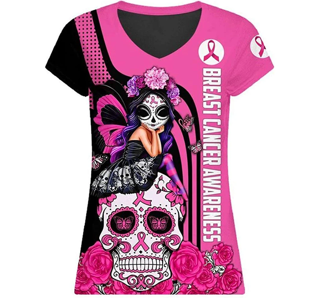 Breast Cancer Awareness Sugar Skull Girl Floral Girl - 3D Printed T-shirt