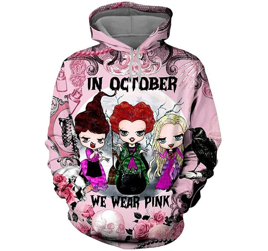 In October We Wear Pink Hocus Pocus Halloween Breast Cancer Awareness V-neck - 3D Printed Pullover Hoodie